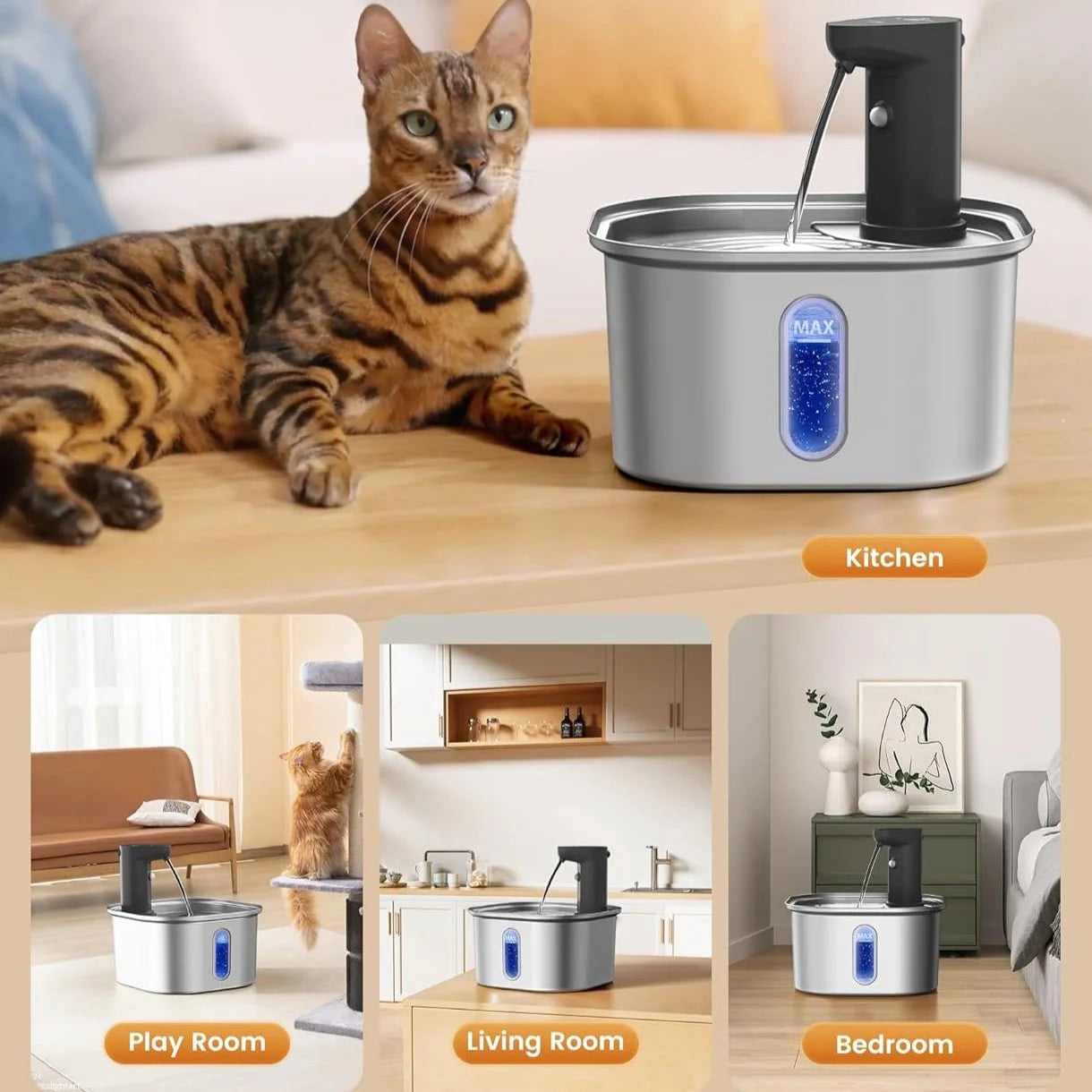 HEYBO Pet Intelligent Induction Water Dispenser Large Capacity Stainless Steel Square Wireless Induction Activated Carbon Filter Cat Water Feeder